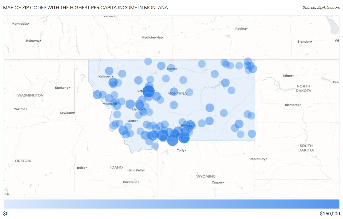 Zip Codes with the Highest Per Capita Income in Montana Map