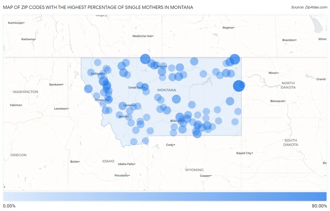 Zip Codes with the Highest Percentage of Single Mothers in Montana Map