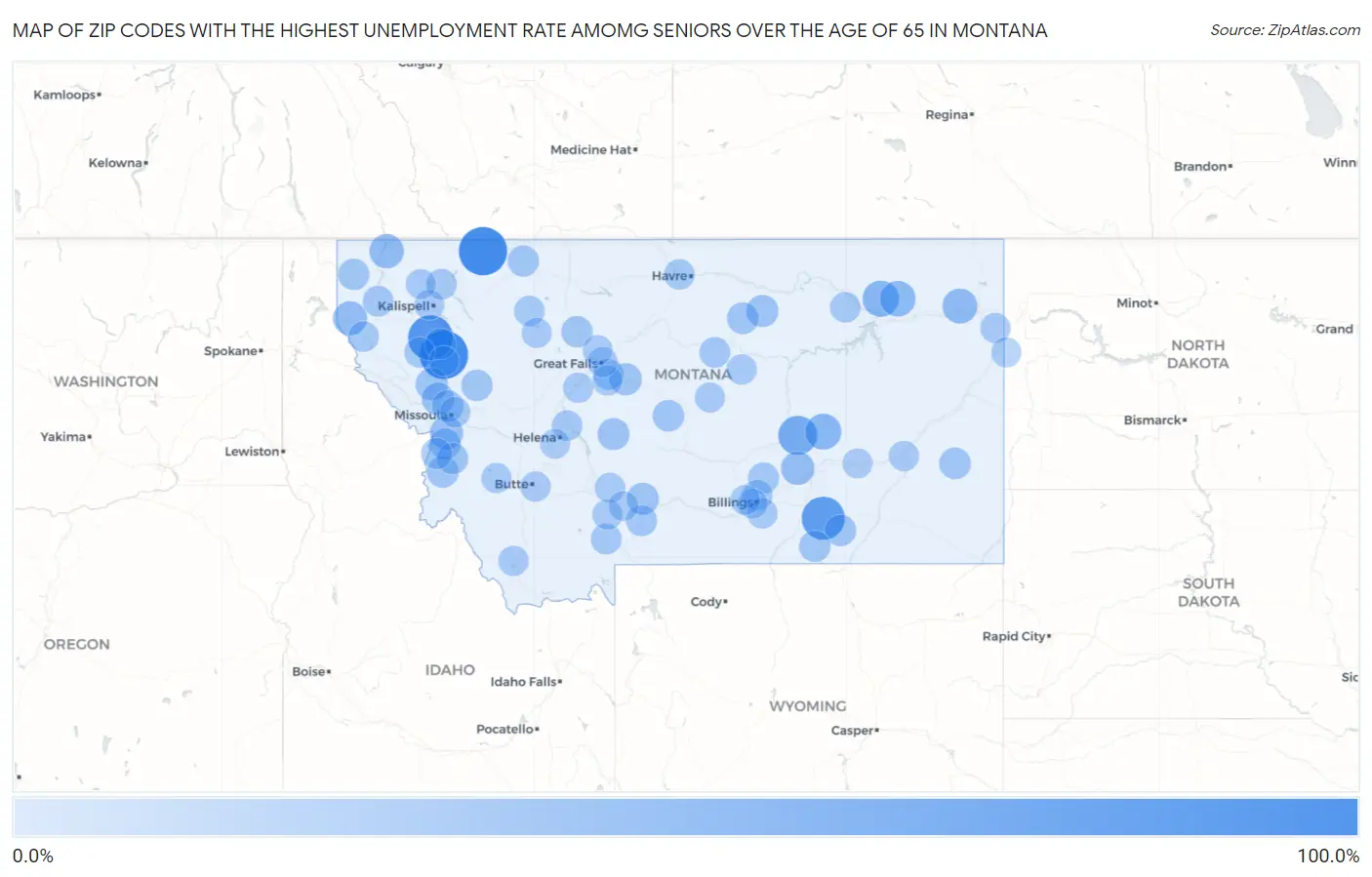 Zip Codes with the Highest Unemployment Rate Amomg Seniors Over the Age of 65 in Montana Map