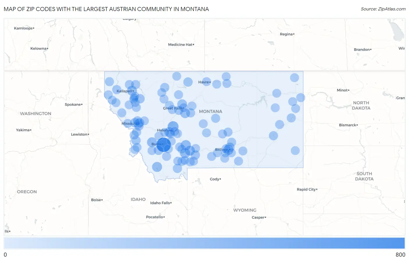 Zip Codes with the Largest Austrian Community in Montana Map