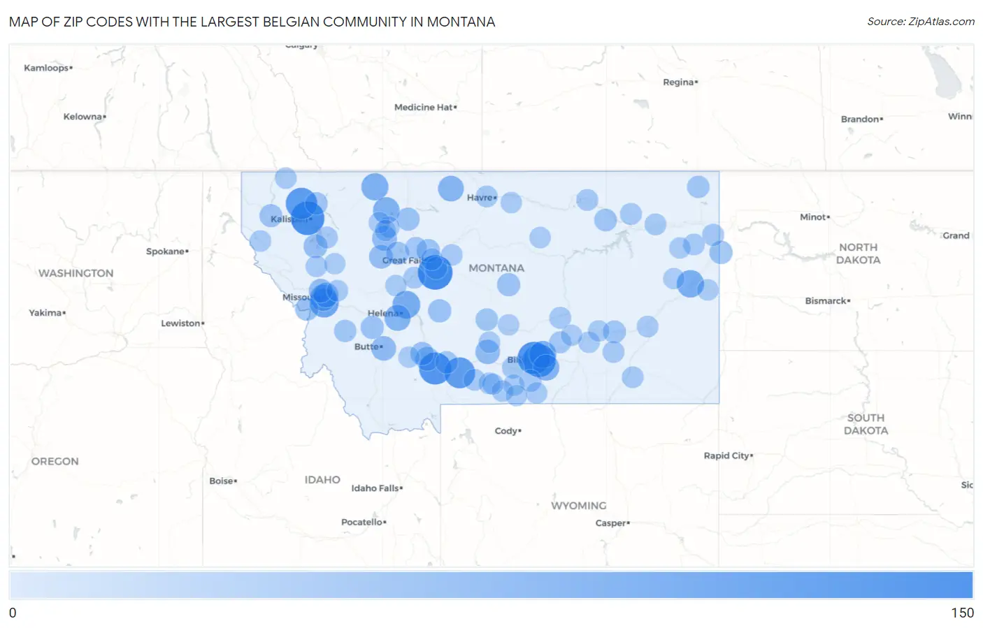 Zip Codes with the Largest Belgian Community in Montana Map