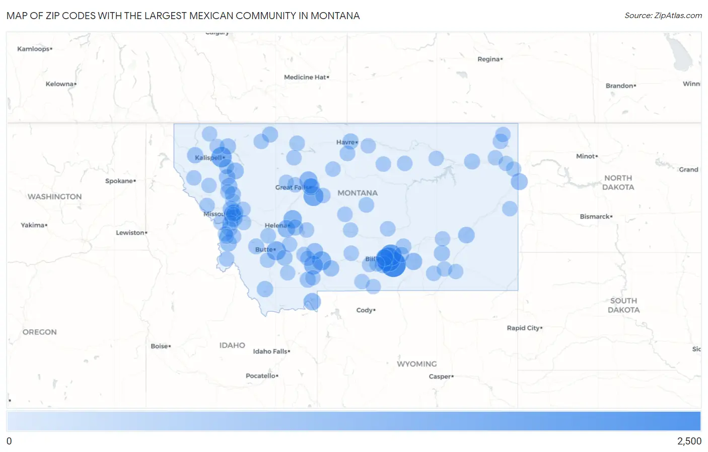Zip Codes with the Largest Mexican Community in Montana Map