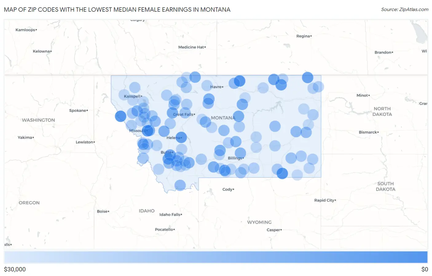 Zip Codes with the Lowest Median Female Earnings in Montana Map