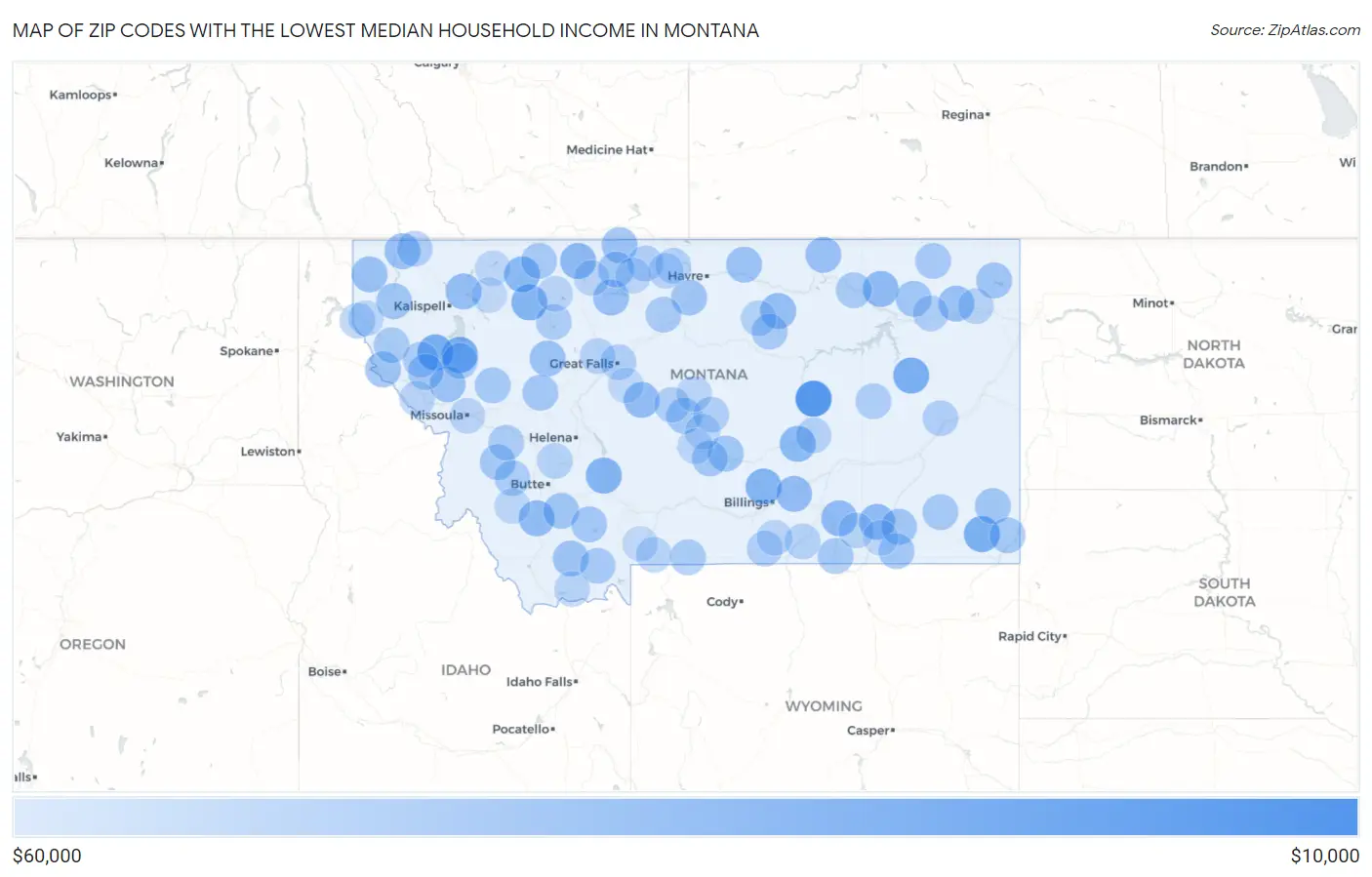 Zip Codes with the Lowest Median Household Income in Montana Map
