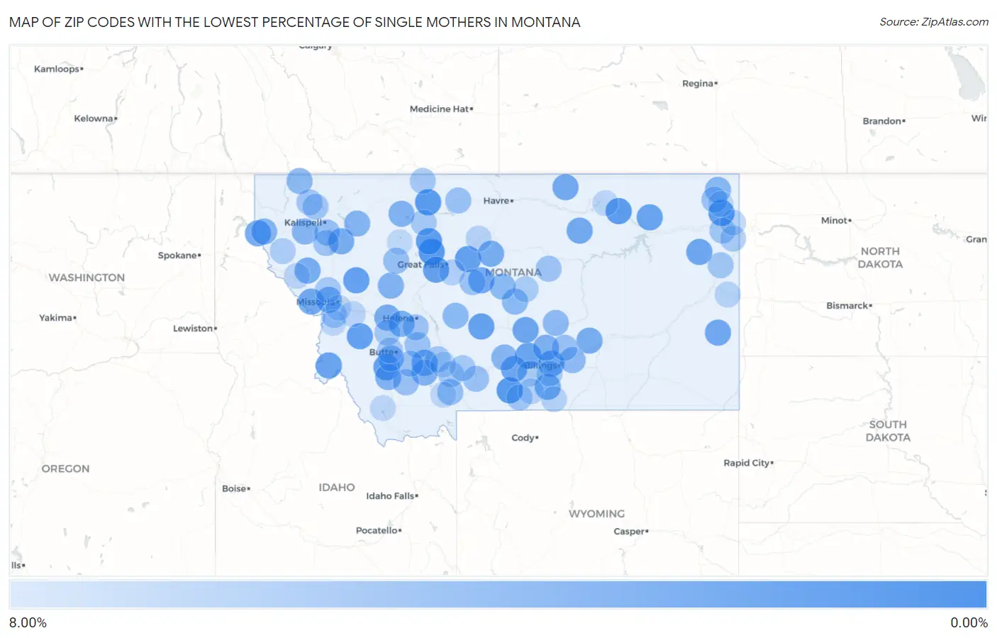Zip Codes with the Lowest Percentage of Single Mothers in Montana Map