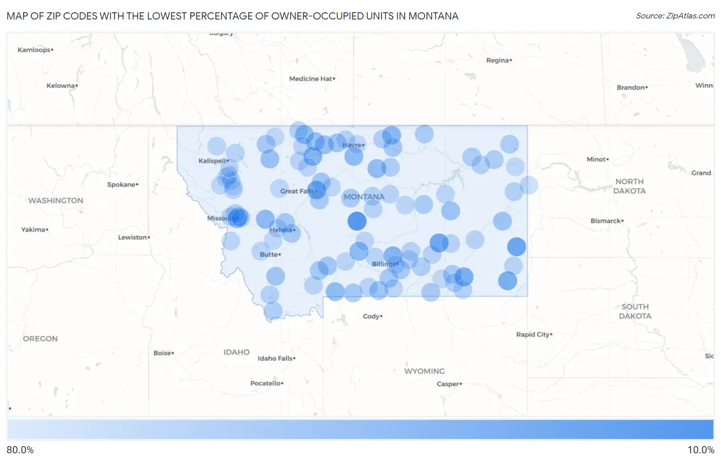 Zip Codes with the Lowest Percentage of Owner-Occupied Units in Montana Map