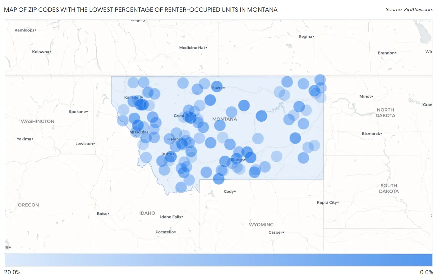 Zip Codes with the Lowest Percentage of Renter-Occupied Units in Montana Map