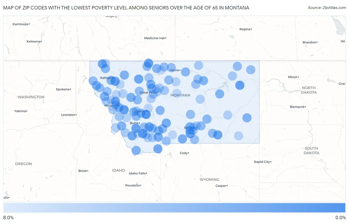 Zip Codes with the Lowest Poverty Level Among Seniors Over the Age of 65 in Montana Map