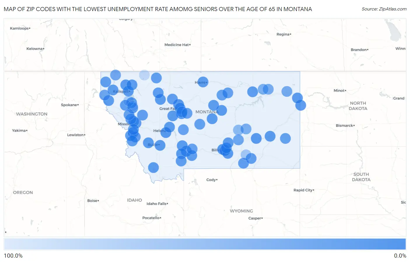 Zip Codes with the Lowest Unemployment Rate Amomg Seniors Over the Age of 65 in Montana Map