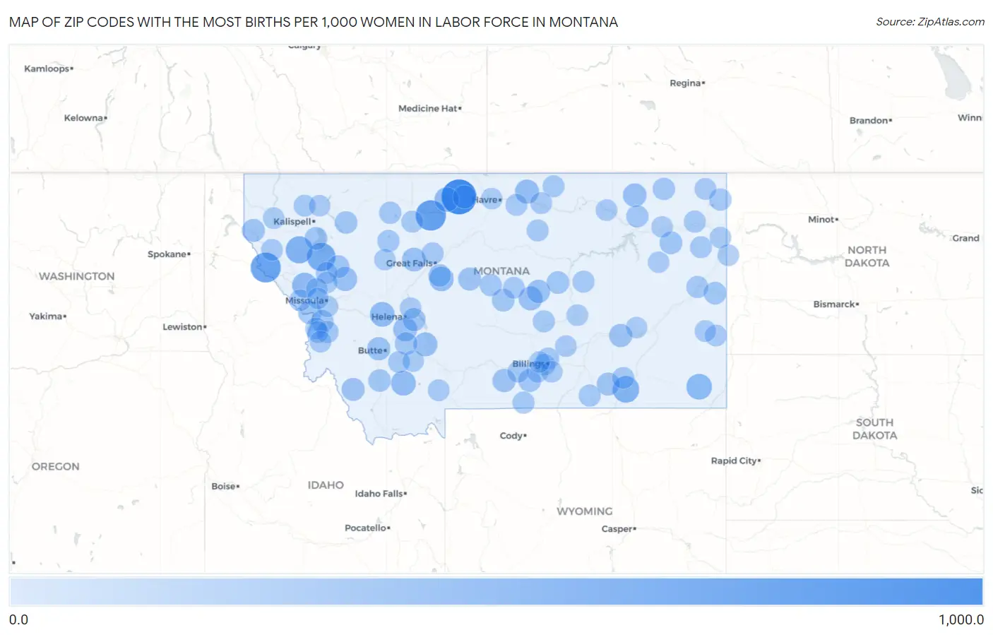 Zip Codes with the Most Births per 1,000 Women in Labor Force in Montana Map