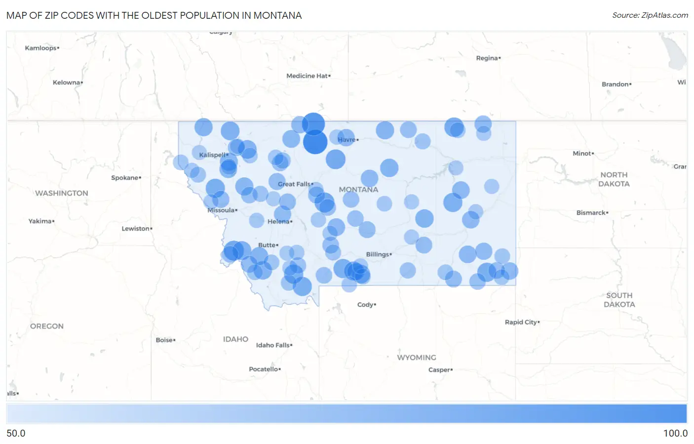 Zip Codes with the Oldest Population in Montana Map