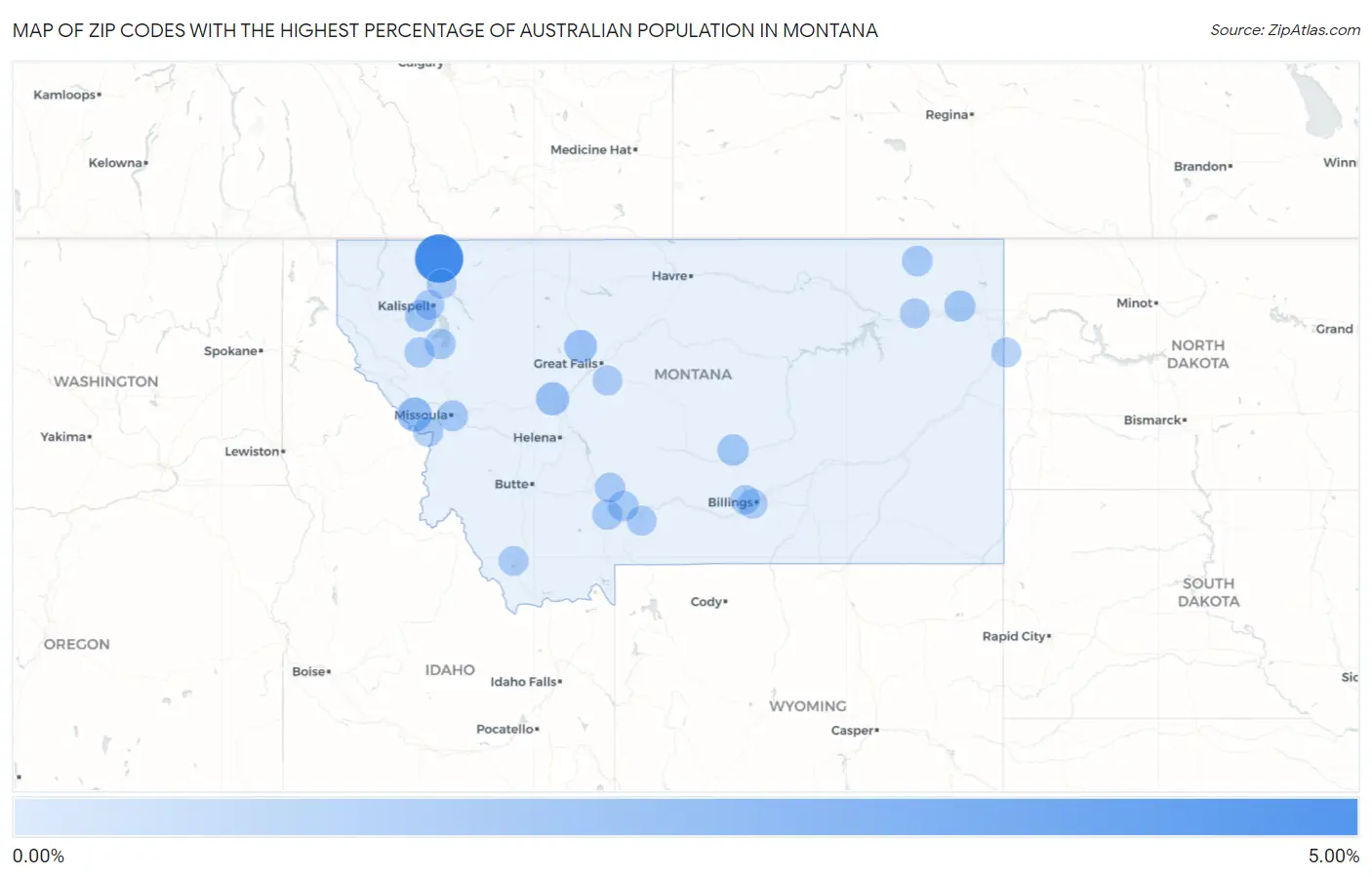 Zip Codes with the Highest Percentage of Australian Population in Montana Map