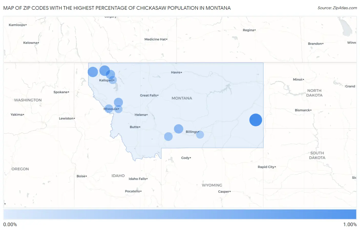 Zip Codes with the Highest Percentage of Chickasaw Population in Montana Map