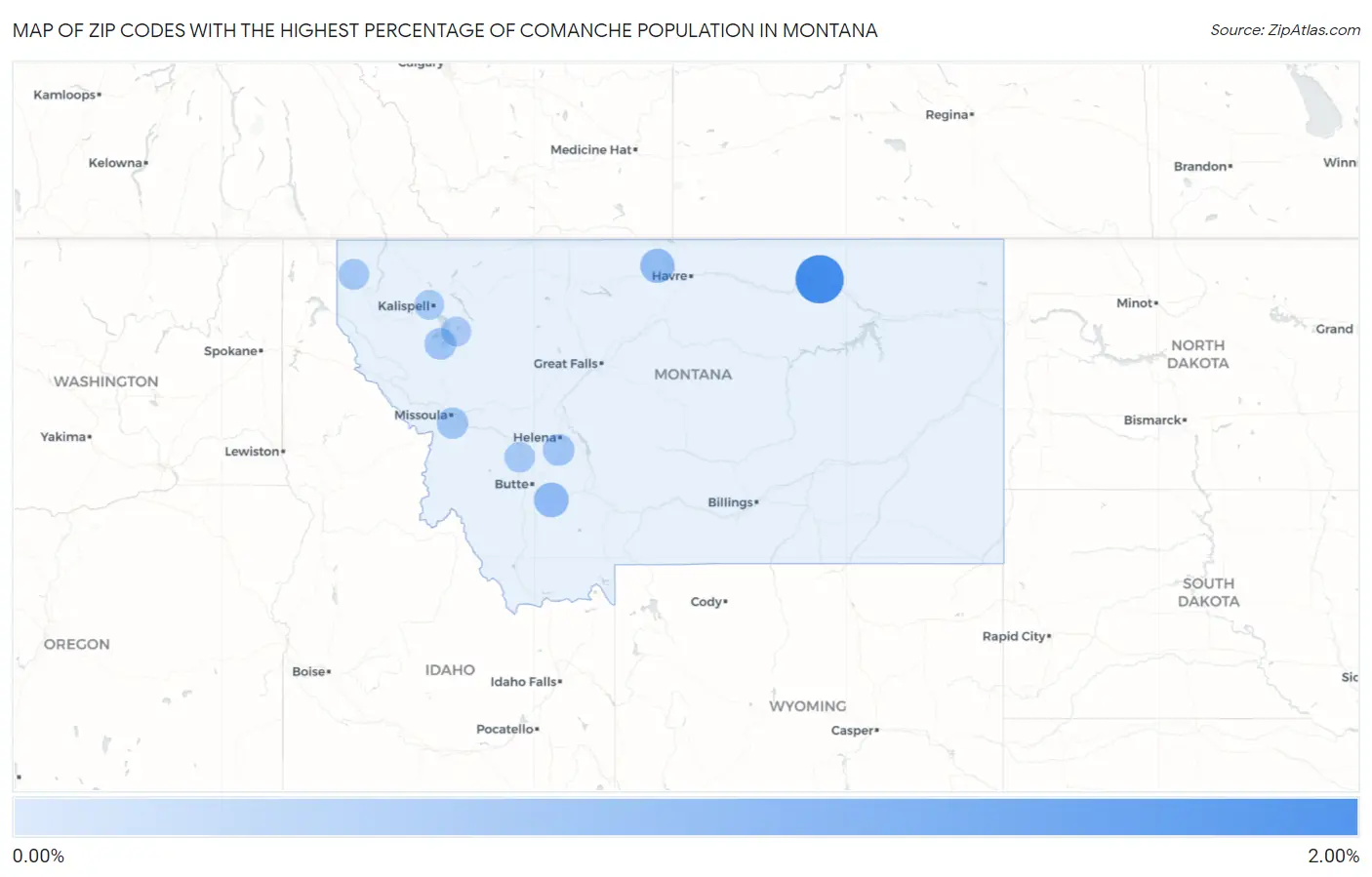 Zip Codes with the Highest Percentage of Comanche Population in Montana Map