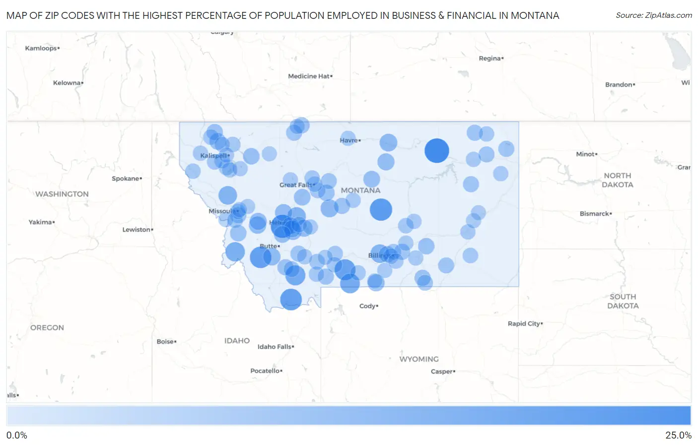 Zip Codes with the Highest Percentage of Population Employed in Business & Financial in Montana Map