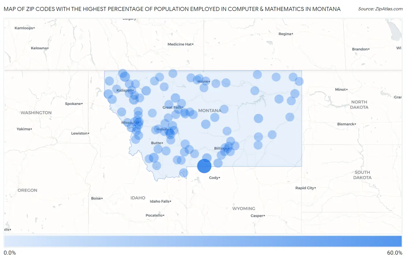 Zip Codes with the Highest Percentage of Population Employed in Computer & Mathematics in Montana Map