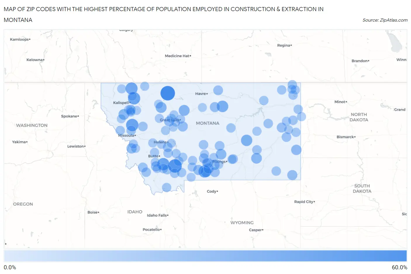Zip Codes with the Highest Percentage of Population Employed in Construction & Extraction in Montana Map