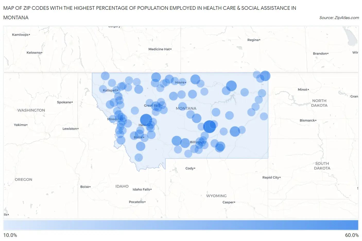 Zip Codes with the Highest Percentage of Population Employed in Health Care & Social Assistance in Montana Map