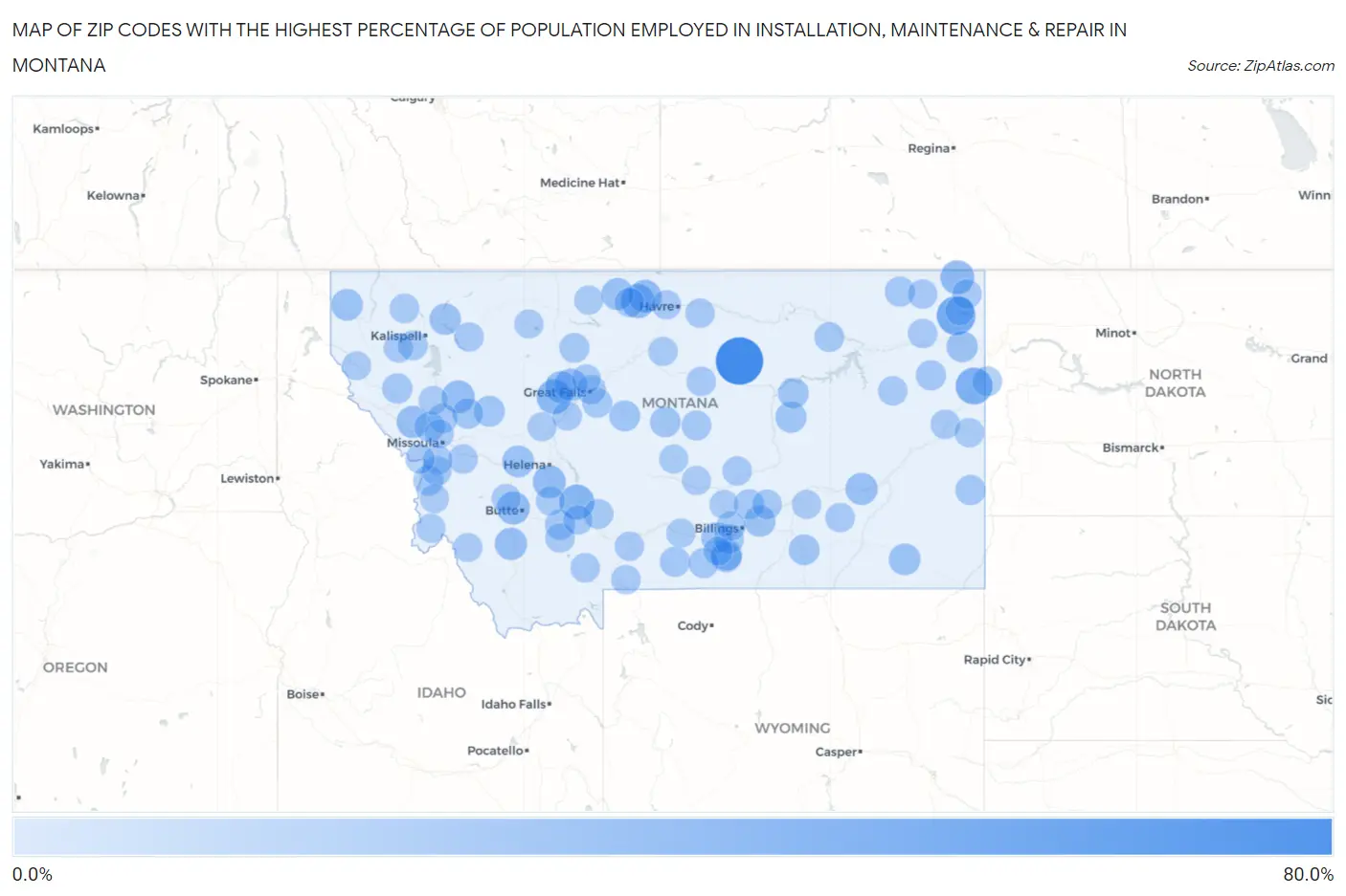 Zip Codes with the Highest Percentage of Population Employed in Installation, Maintenance & Repair in Montana Map
