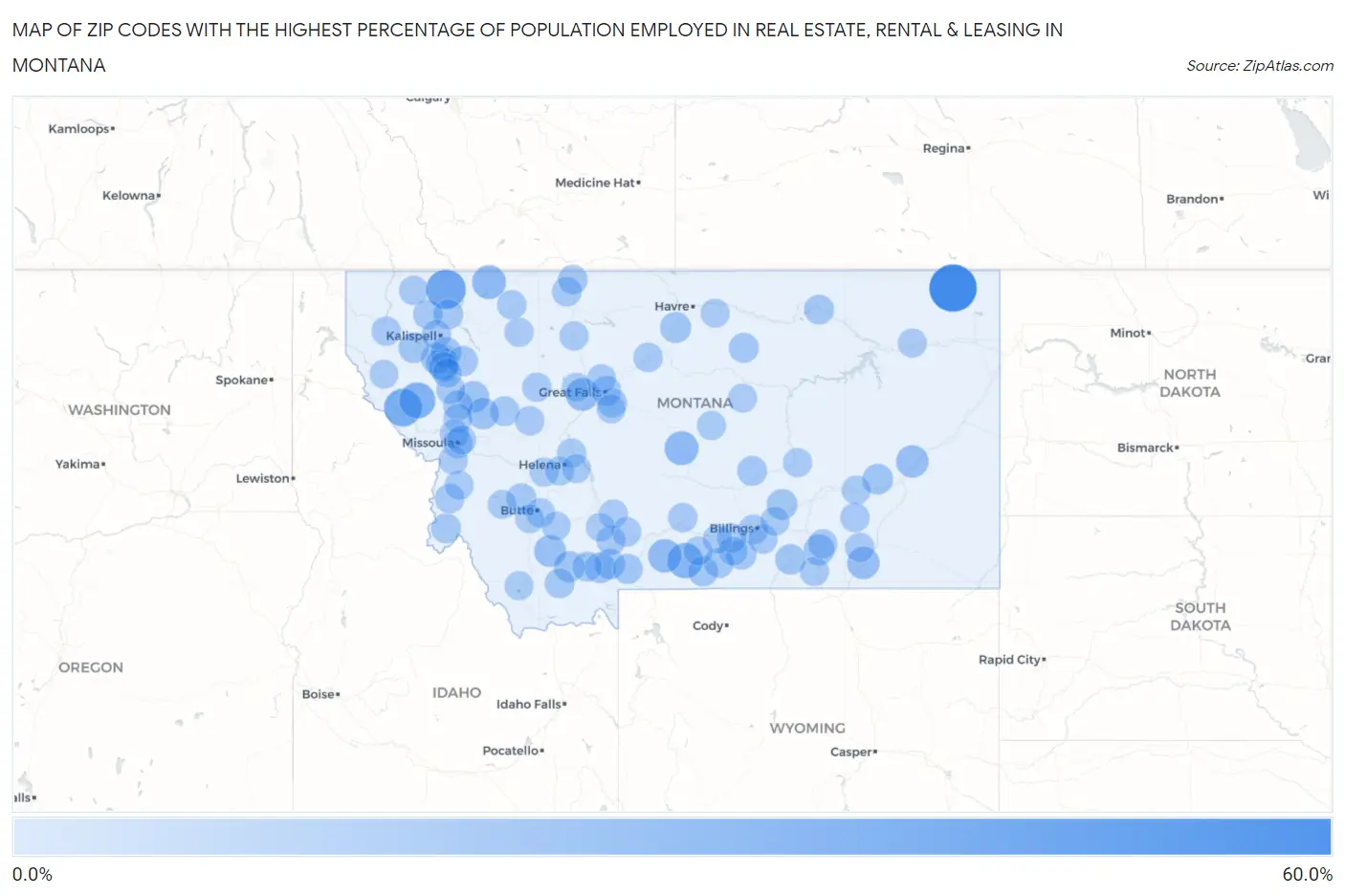 Zip Codes with the Highest Percentage of Population Employed in Real Estate, Rental & Leasing in Montana Map