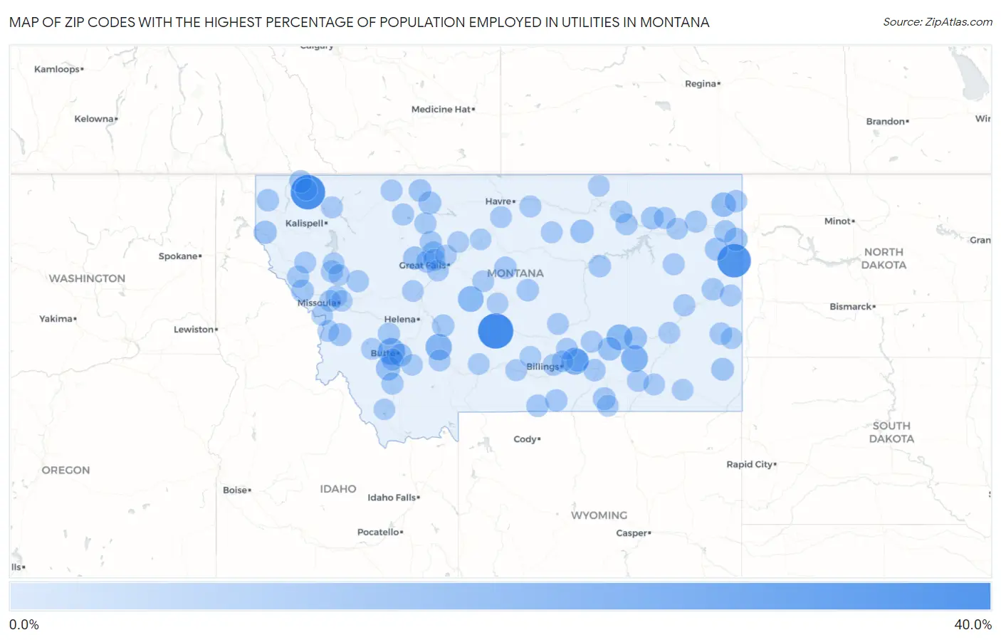Zip Codes with the Highest Percentage of Population Employed in Utilities in Montana Map