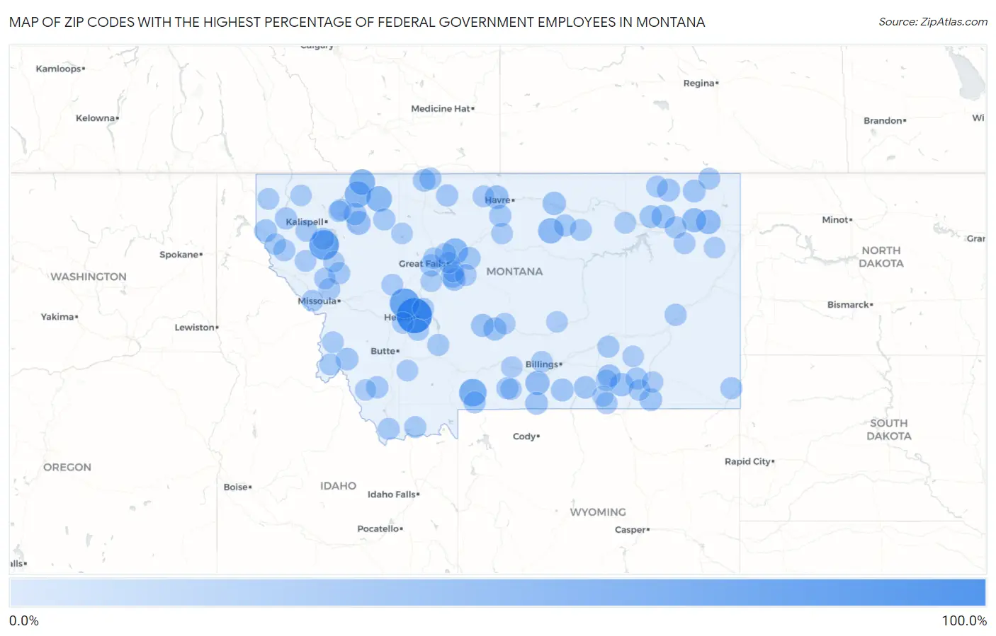 Zip Codes with the Highest Percentage of Federal Government Employees in Montana Map
