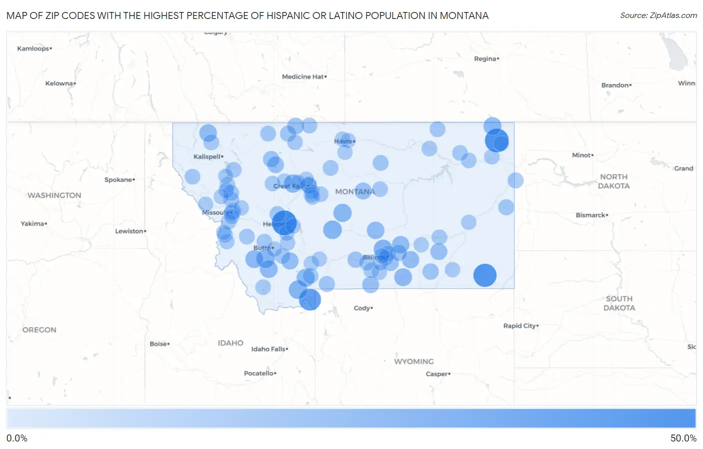 Zip Codes with the Highest Percentage of Hispanic or Latino Population in Montana Map