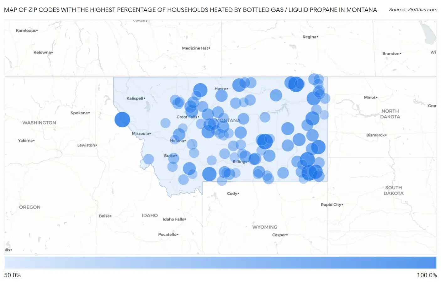 Zip Codes with the Highest Percentage of Households Heated by Bottled Gas / Liquid Propane in Montana Map