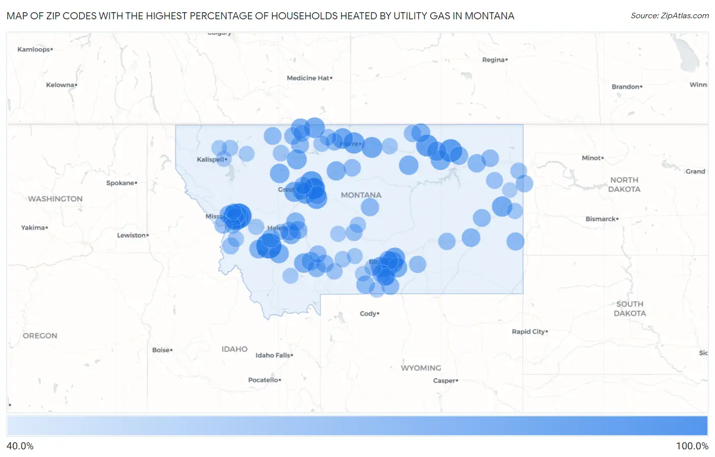 Zip Codes with the Highest Percentage of Households Heated by Utility Gas in Montana Map