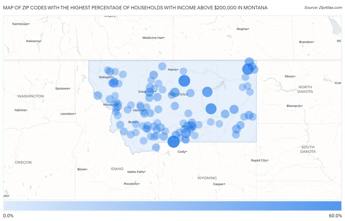 Zip Codes with the Highest Percentage of Households with Income Above $200,000 in Montana Map