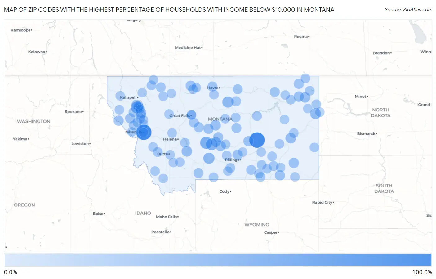Zip Codes with the Highest Percentage of Households with Income Below $10,000 in Montana Map