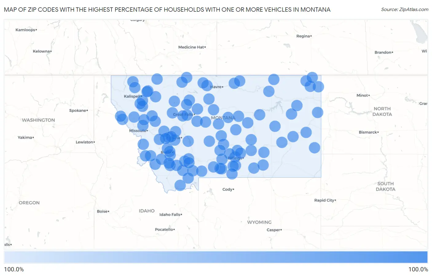 Zip Codes with the Highest Percentage of Households With One or more Vehicles in Montana Map