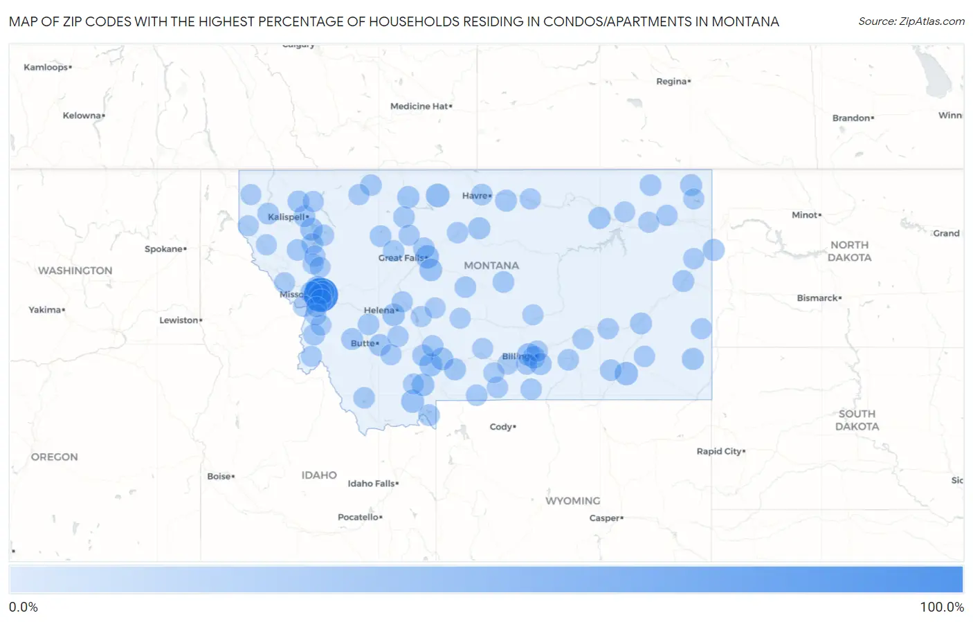 Zip Codes with the Highest Percentage of Households Residing in Condos/Apartments in Montana Map