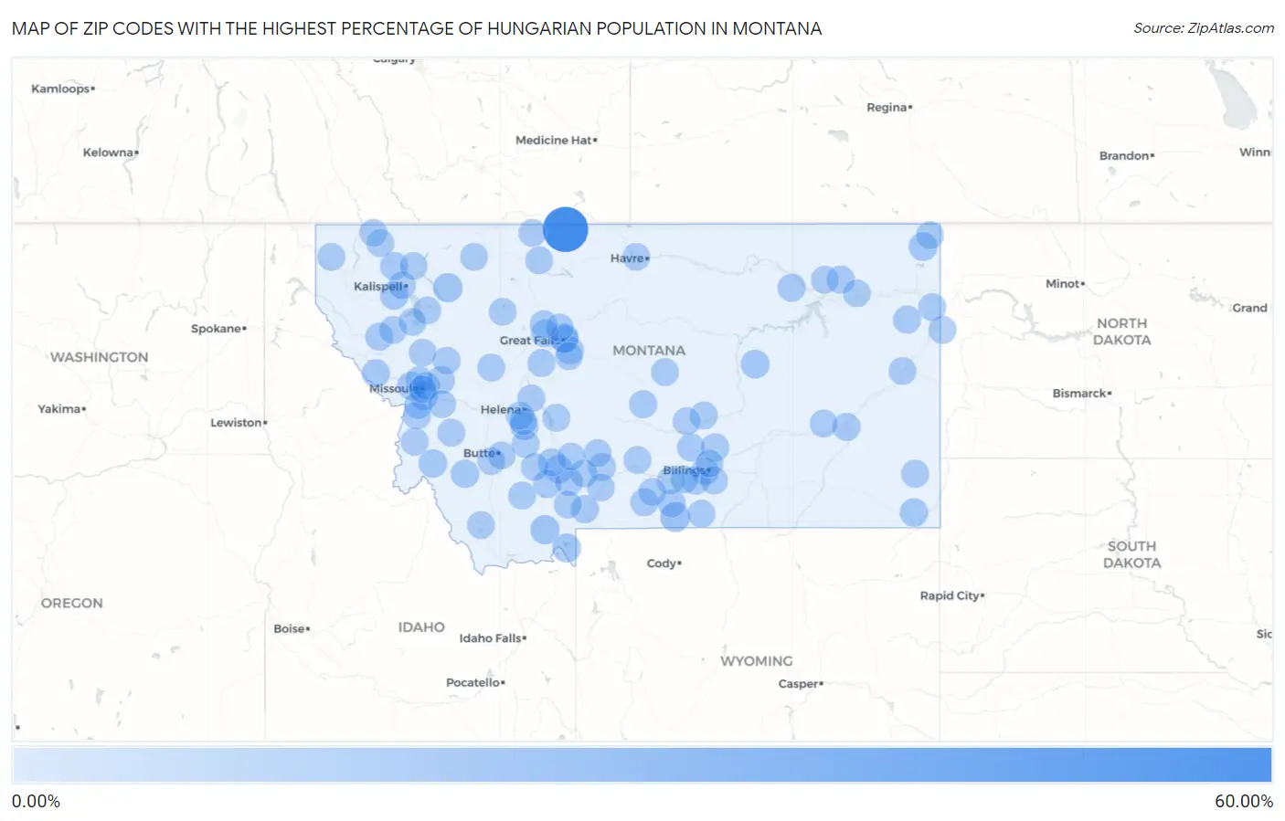Zip Codes with the Highest Percentage of Hungarian Population in Montana Map