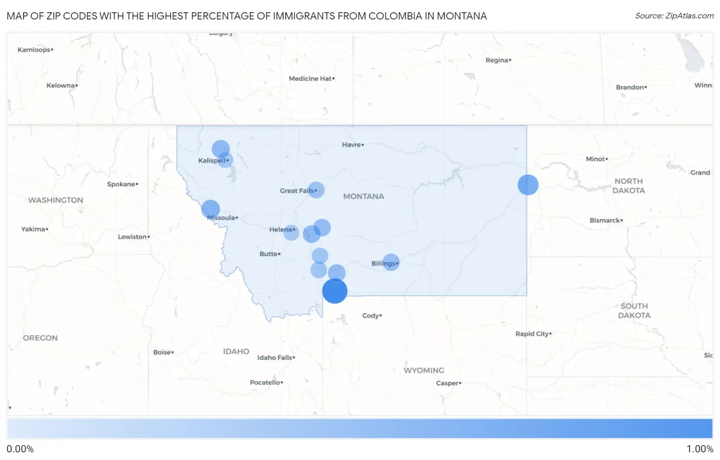Zip Codes with the Highest Percentage of Immigrants from Colombia in Montana Map