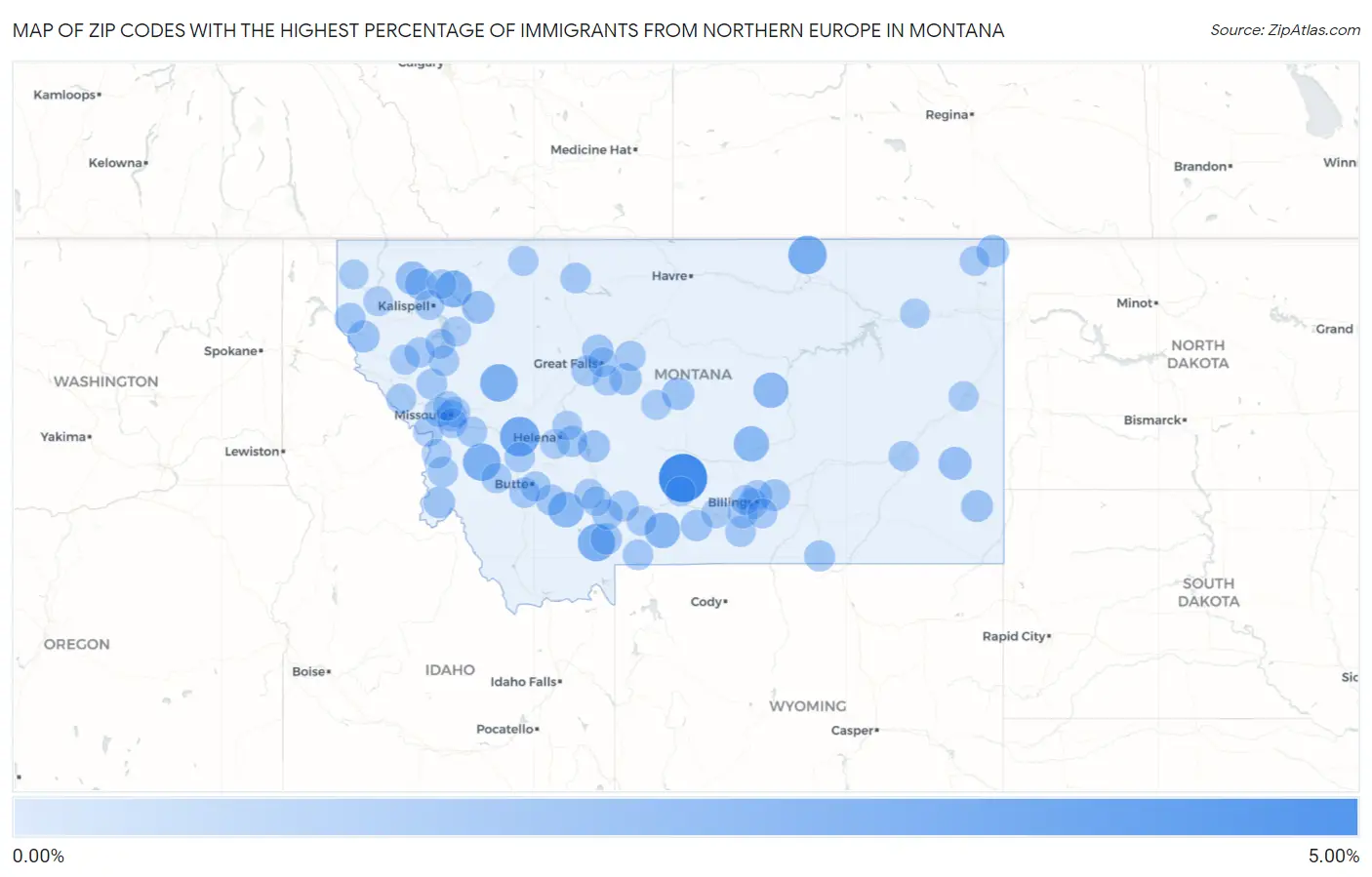 Zip Codes with the Highest Percentage of Immigrants from Northern Europe in Montana Map