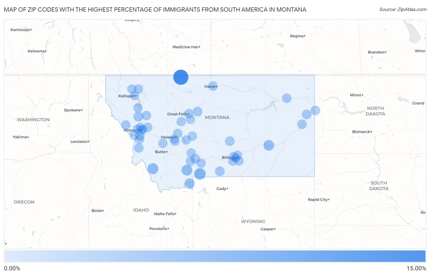 Zip Codes with the Highest Percentage of Immigrants from South America in Montana Map
