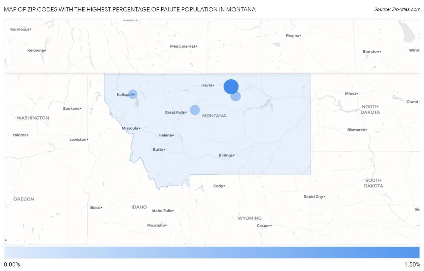 Zip Codes with the Highest Percentage of Paiute Population in Montana Map