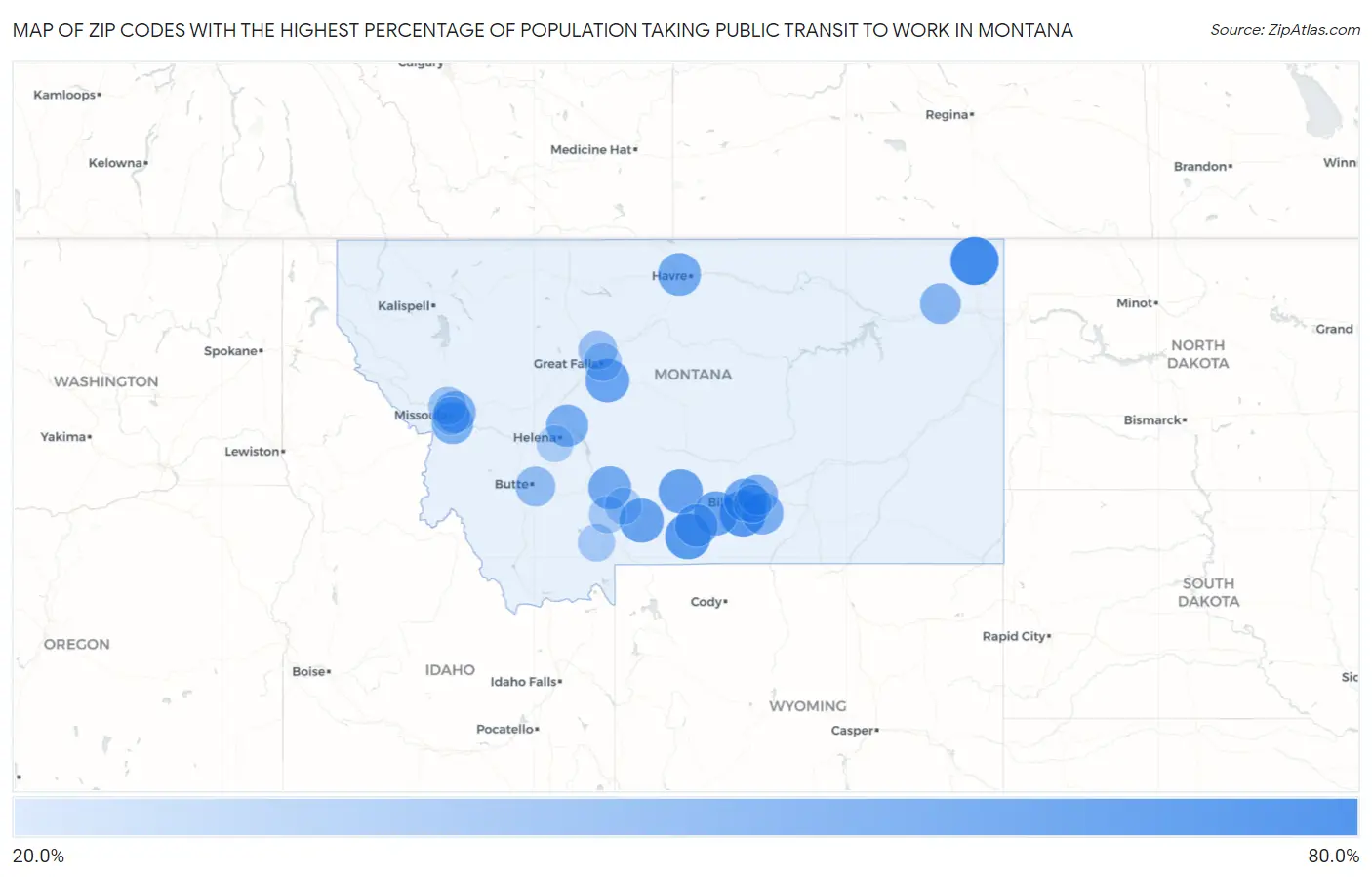 Zip Codes with the Highest Percentage of Population Taking Public Transit to Work in Montana Map