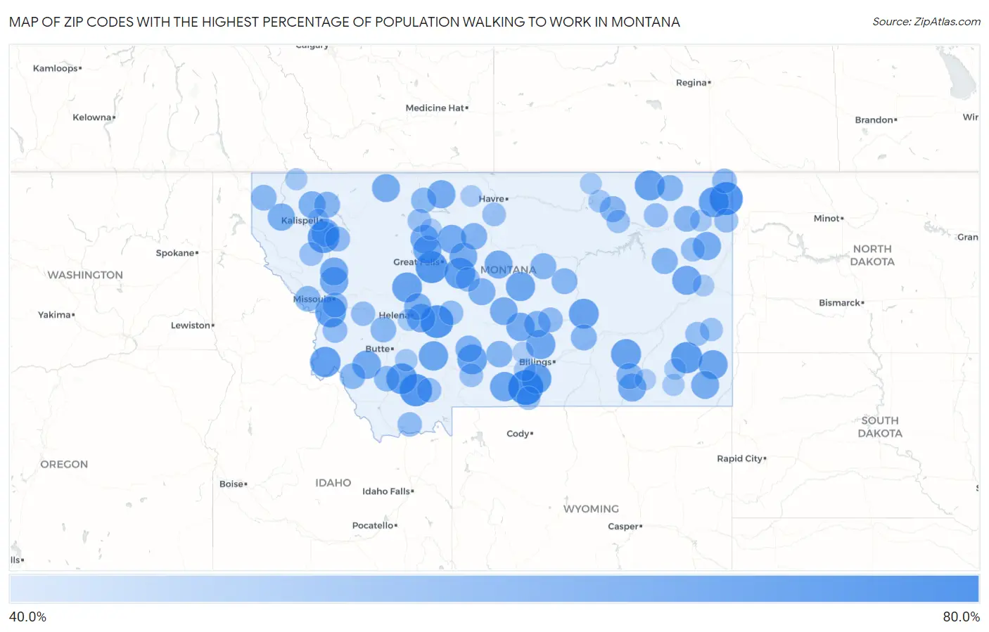 Zip Codes with the Highest Percentage of Population Walking to Work in Montana Map