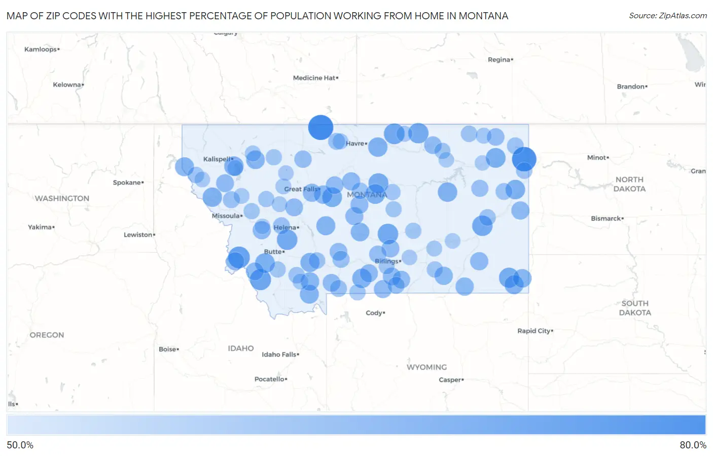 Zip Codes with the Highest Percentage of Population Working from Home in Montana Map