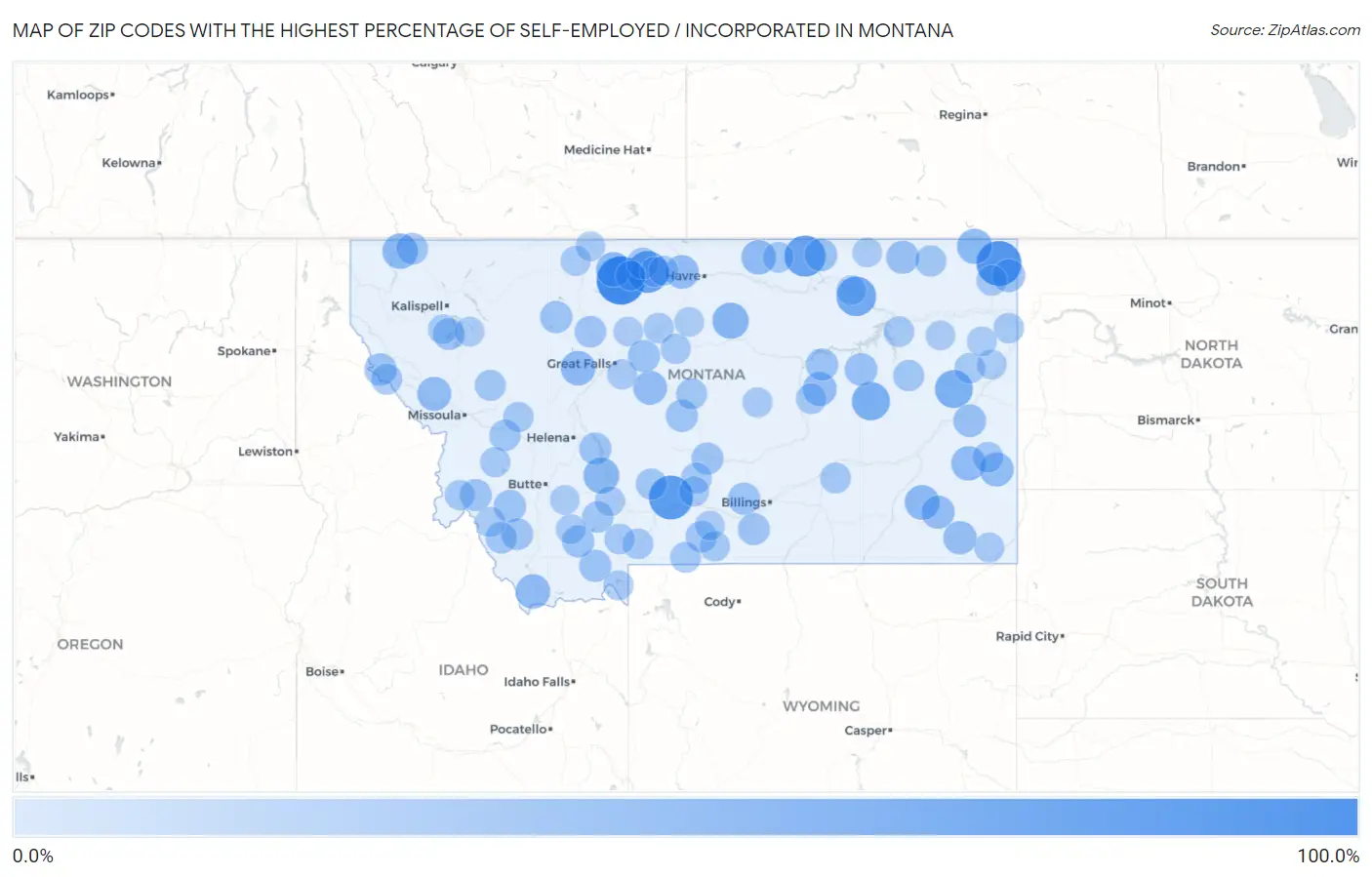 Zip Codes with the Highest Percentage of Self-Employed / Incorporated in Montana Map