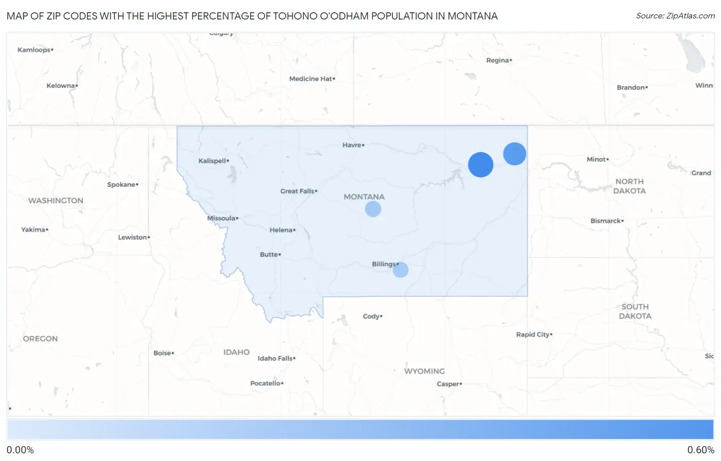 Zip Codes with the Highest Percentage of Tohono O'Odham Population in Montana Map