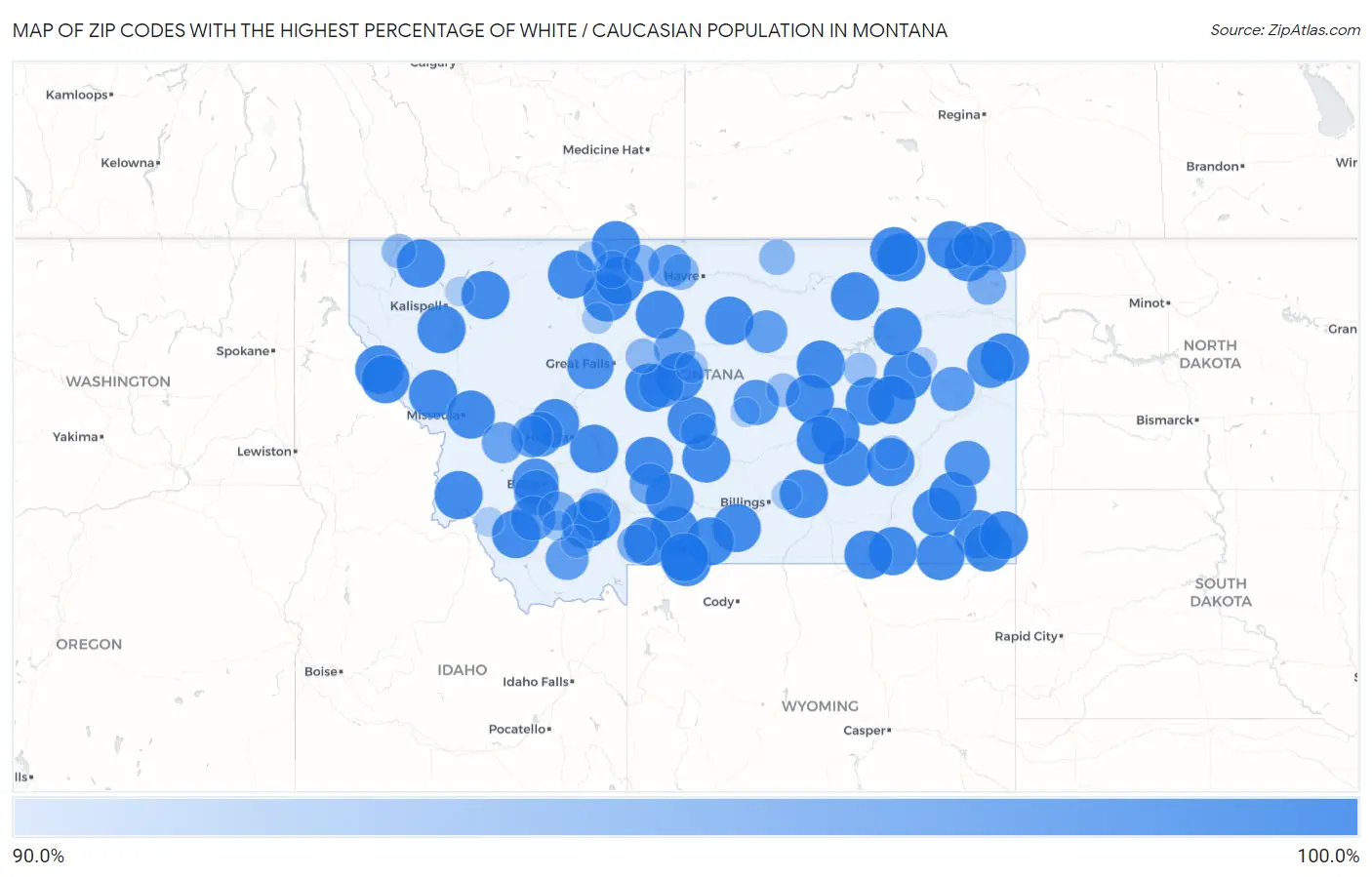 Zip Codes with the Highest Percentage of White / Caucasian Population in Montana Map