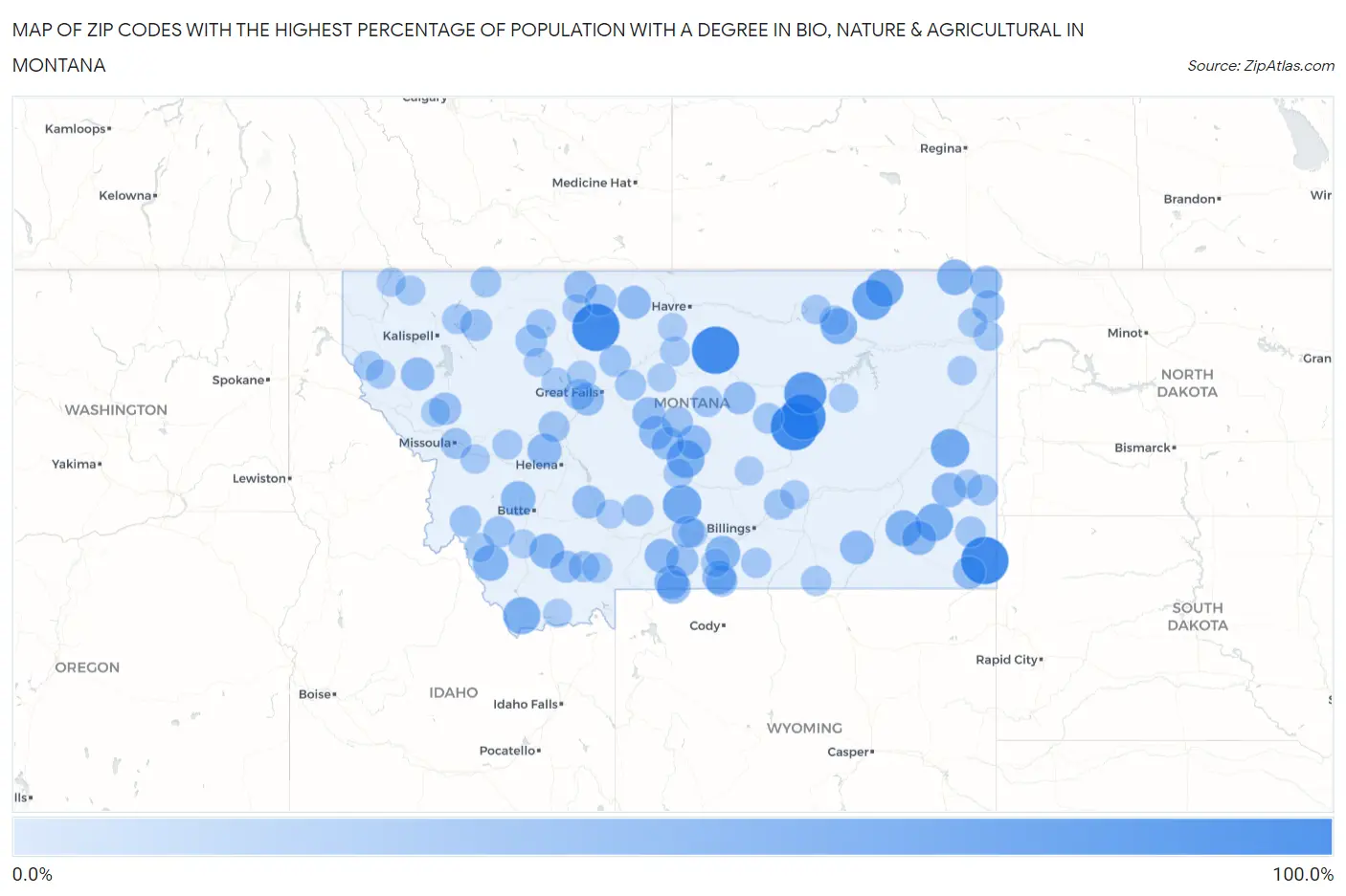 Zip Codes with the Highest Percentage of Population with a Degree in Bio, Nature & Agricultural in Montana Map