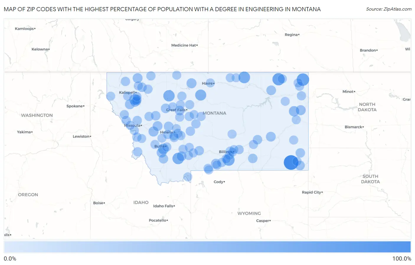 Zip Codes with the Highest Percentage of Population with a Degree in Engineering in Montana Map