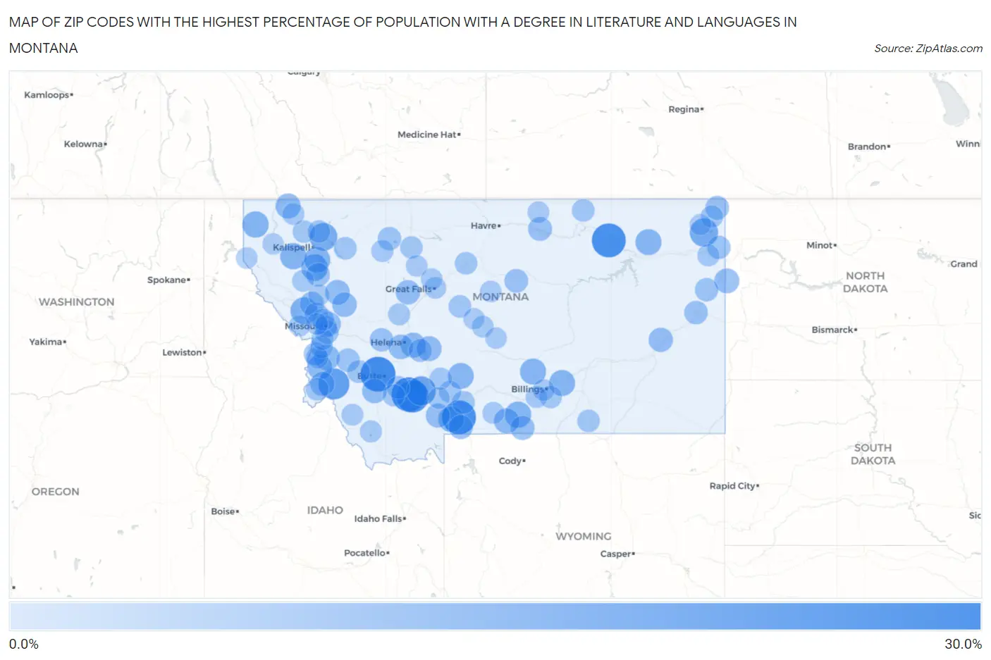 Zip Codes with the Highest Percentage of Population with a Degree in Literature and Languages in Montana Map
