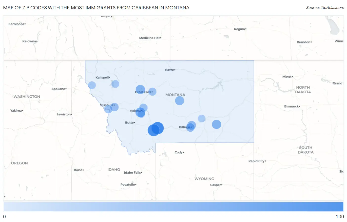 Zip Codes with the Most Immigrants from Caribbean in Montana Map