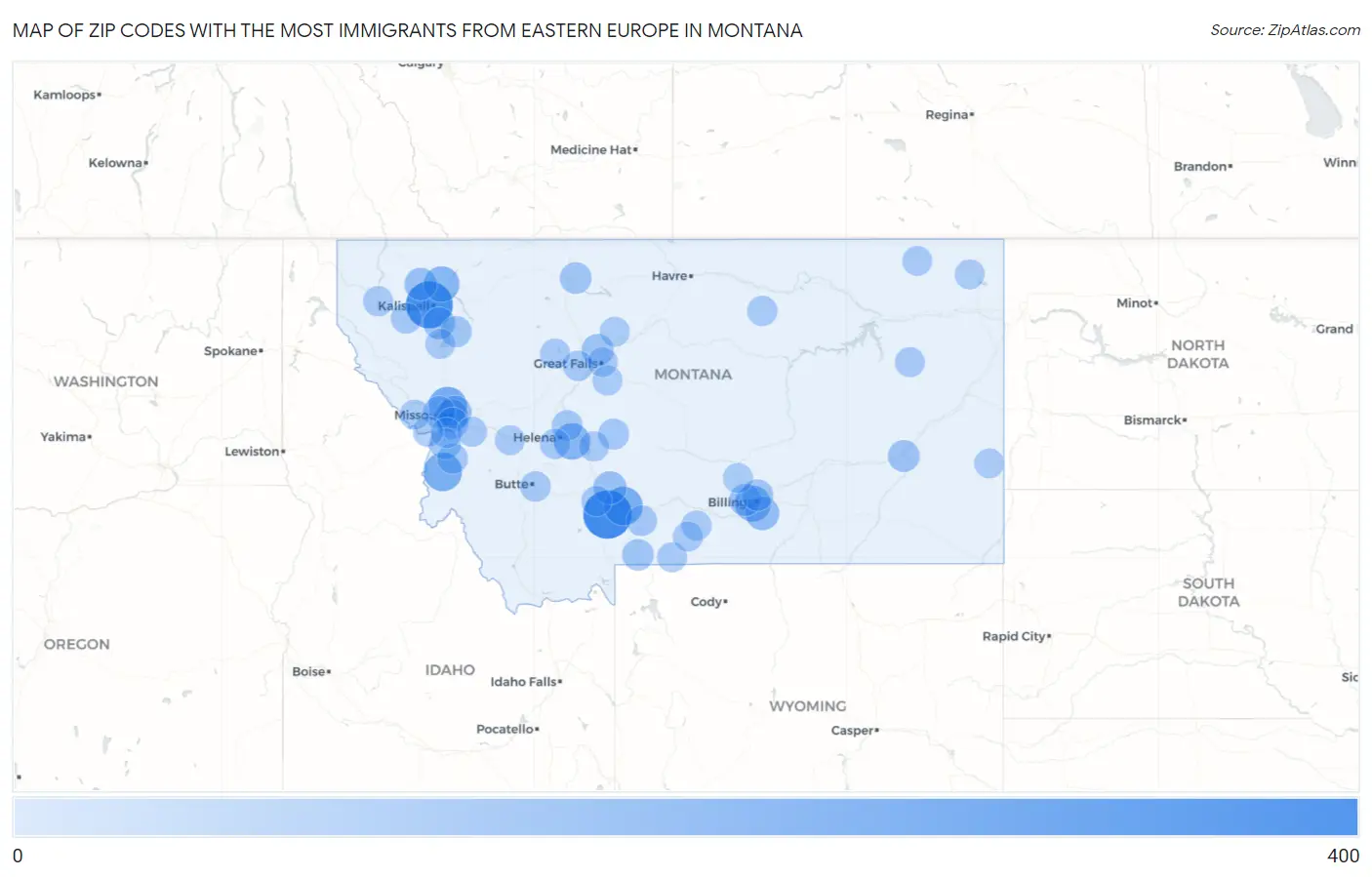 Zip Codes with the Most Immigrants from Eastern Europe in Montana Map