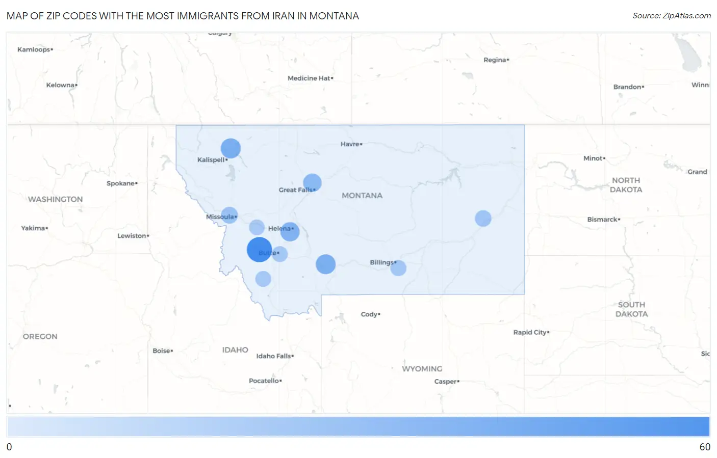 Zip Codes with the Most Immigrants from Iran in Montana Map